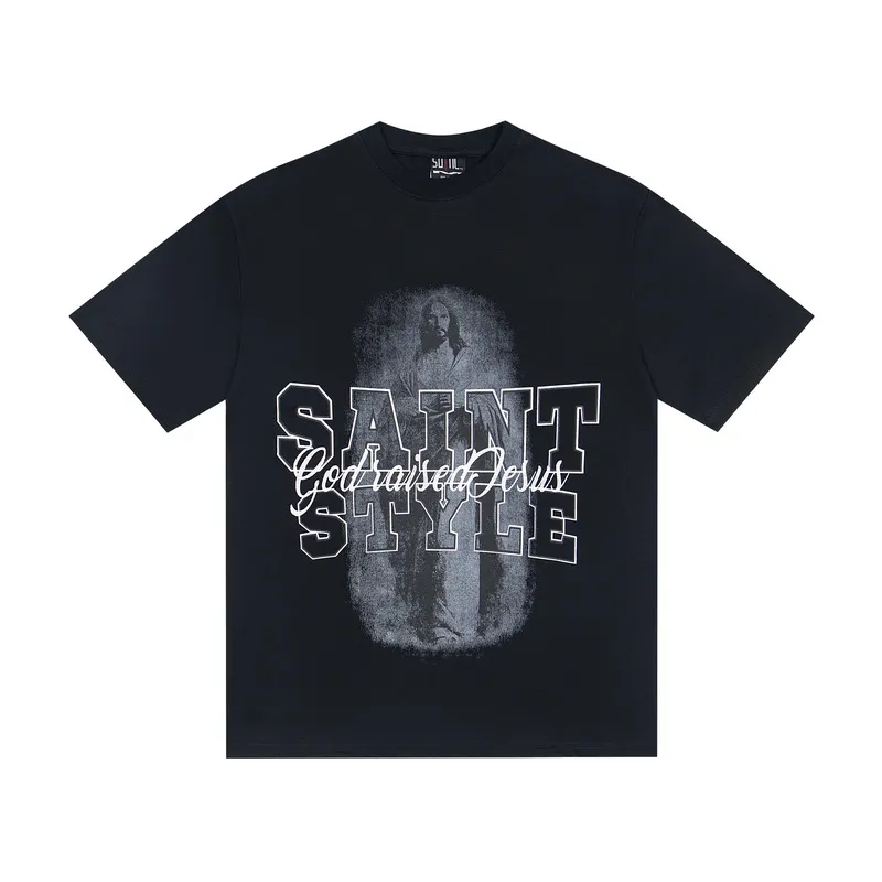 100💰 S07# Mechao SAINT white ink direct-injection pure cotton 260g loose short-sleeved T-shirt 27 black, green S-XL